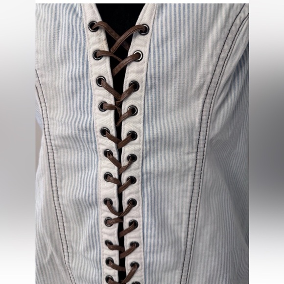 GUESS Sexy Corset Tank Top Sz L Railroad Stripe Denim Side Zip Concert Party - Picture 5 of 9